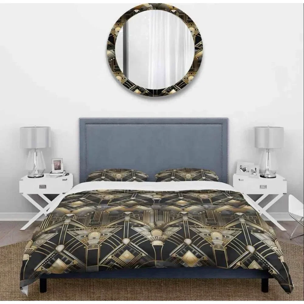 Quesha 1970S Black And Gold Damask Art Deco - Damask Duvet Cover Set - Microfibe